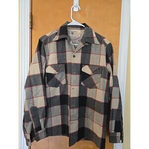 Vintage 50s Plaid Wool Shirt Mens L Virgin Wool Merrill Woolens Bakelite Buttons
